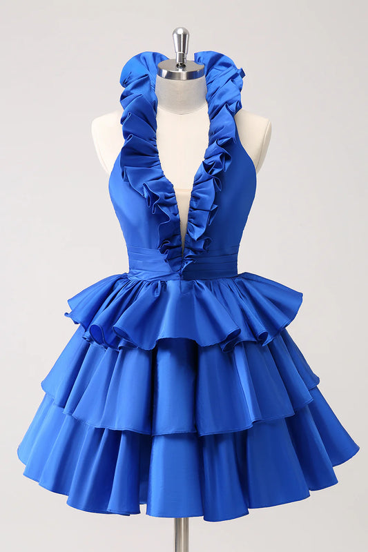 Amzcw Cute Royal Blue A Line Halter Tiered Backless Homecoming Dress with Ruffles