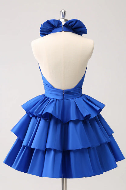 Amzcw Cute Royal Blue A Line Halter Tiered Backless Homecoming Dress with Ruffles