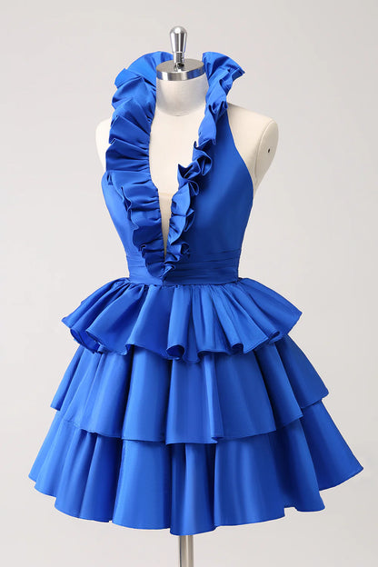 Amzcw Cute Royal Blue A Line Halter Tiered Backless Homecoming Dress with Ruffles