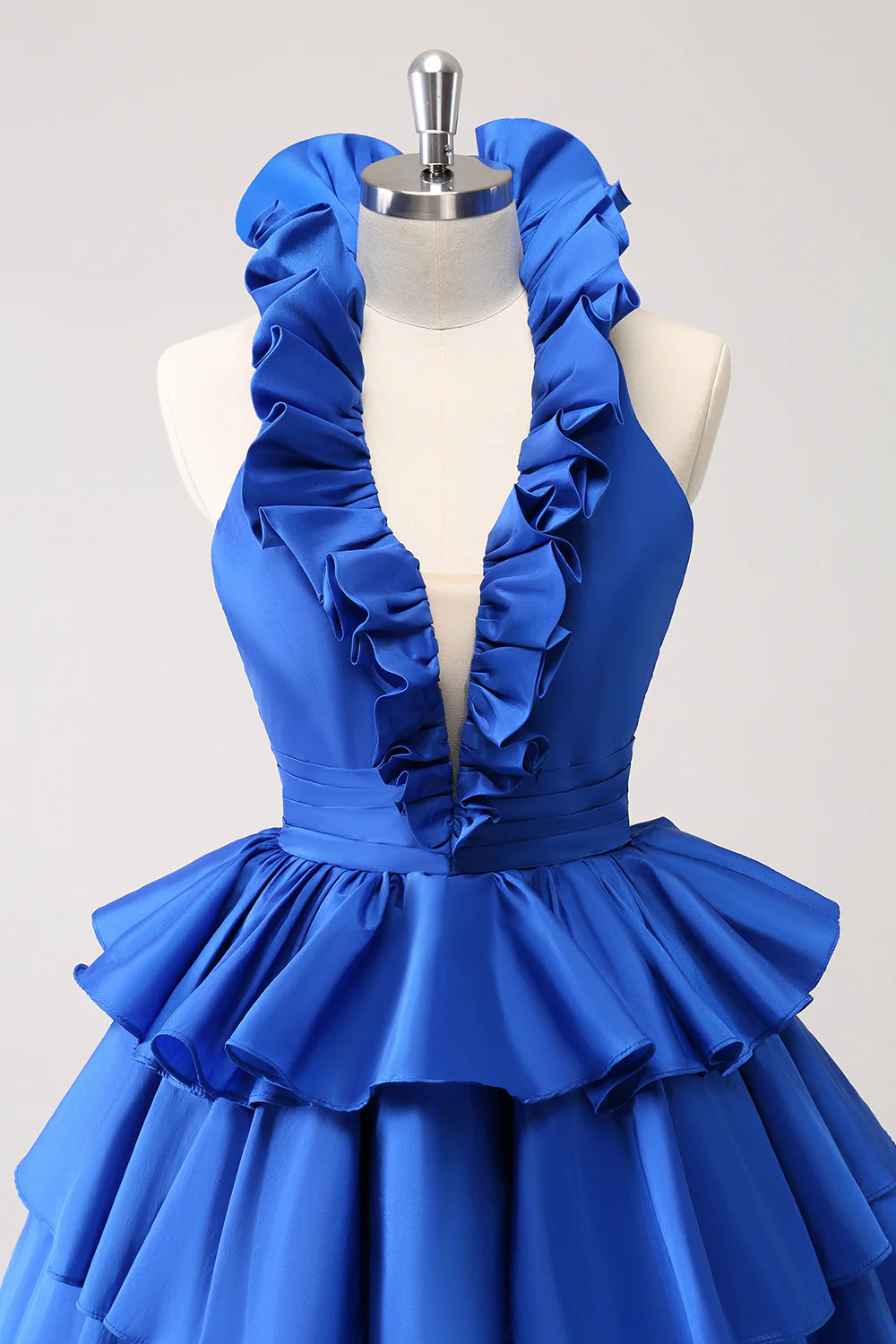 Amzcw Cute Royal Blue A Line Halter Tiered Backless Homecoming Dress with Ruffles