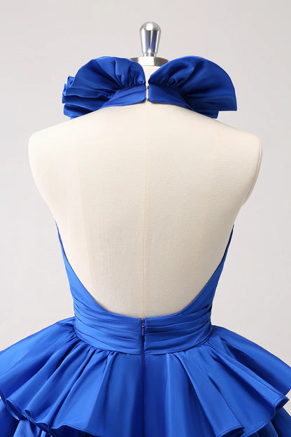 Amzcw Cute Royal Blue A Line Halter Tiered Backless Homecoming Dress with Ruffles