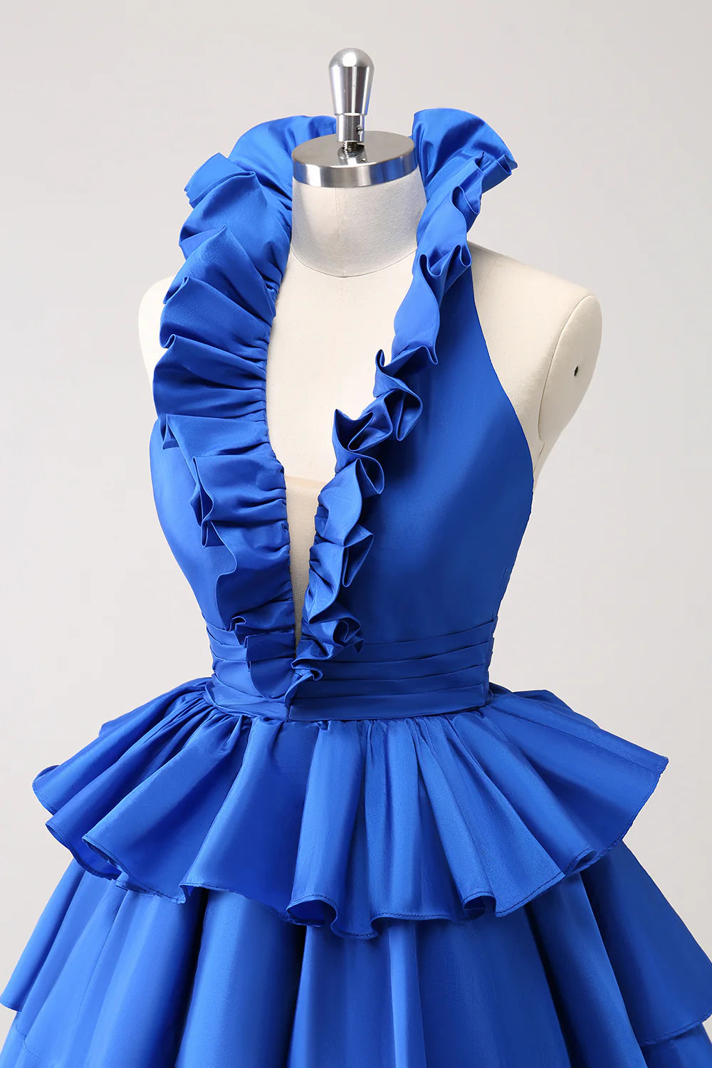 Amzcw Cute Royal Blue A Line Halter Tiered Backless Homecoming Dress with Ruffles