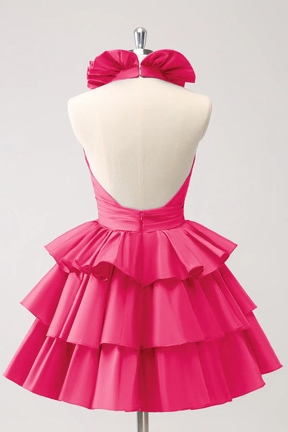 Amzcw Cute Fuschia A Line Halter Tiered Backless Homecoming Dress with Ruffles
