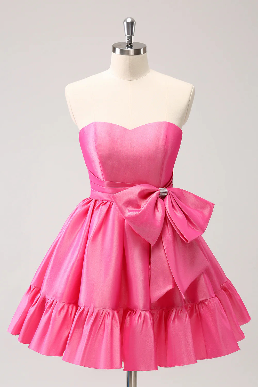 Amzcw Cute Hot Pink A Line Strapless Pleated Short Homecoming Dress with Bow
