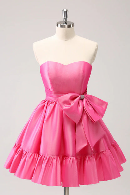 Amzcw Cute Hot Pink A Line Strapless Pleated Short Homecoming Dress with Bow