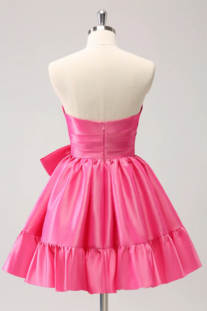 Amzcw Cute Hot Pink A Line Strapless Pleated Short Homecoming Dress with Bow