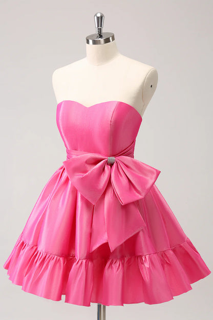 Amzcw Cute Hot Pink A Line Strapless Pleated Short Homecoming Dress with Bow