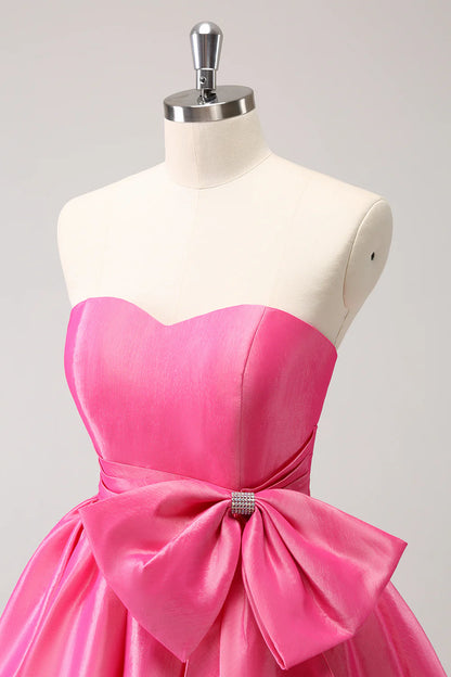 Amzcw Cute Hot Pink A Line Strapless Pleated Short Homecoming Dress with Bow