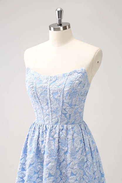 Amzcw Blue A-Line Strapless Floral High Low Bridesmaid Dress with Ruffle