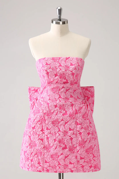 Amzcw Cute Hot Pink A Line Strapless Print Short Homecoming Dress with Bow