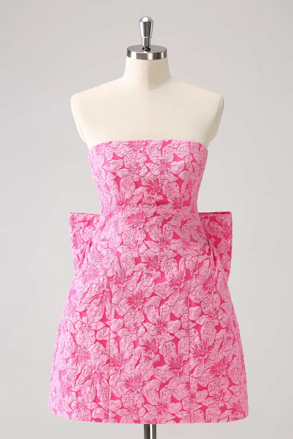 Amzcw Cute Hot Pink A Line Strapless Print Short Homecoming Dress with Bow