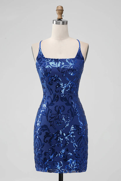 Amzcw Royal Blue Bodycon Sequins Short Homecoming Dress with Lace-up Back