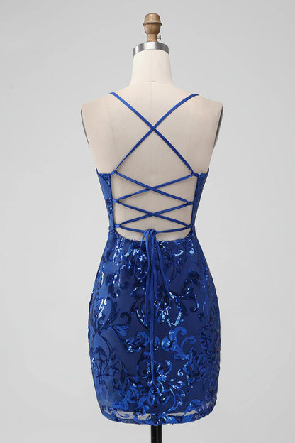 Amzcw Royal Blue Bodycon Sequins Short Homecoming Dress with Lace-up Back