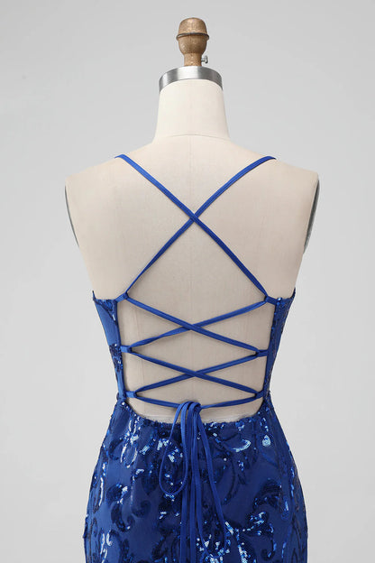 Amzcw Royal Blue Bodycon Sequins Short Homecoming Dress with Lace-up Back
