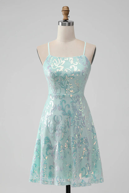 Amzcw Mint A Line Sequins Short Homecoming Dress with Lace-up Back