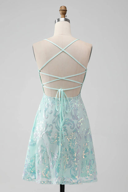 Amzcw Mint A Line Sequins Short Homecoming Dress with Lace-up Back
