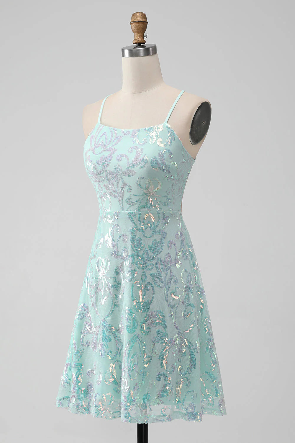 Amzcw Mint A Line Sequins Short Homecoming Dress with Lace-up Back