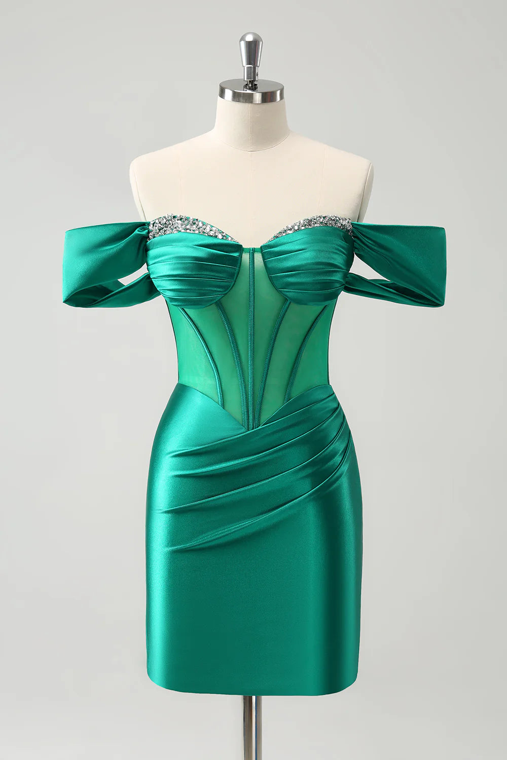Amzcw Glitter Green Tight Off the shoulder Corset Homecoming Dress with Beading