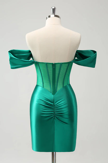 Amzcw Glitter Green Tight Off the shoulder Corset Homecoming Dress with Beading