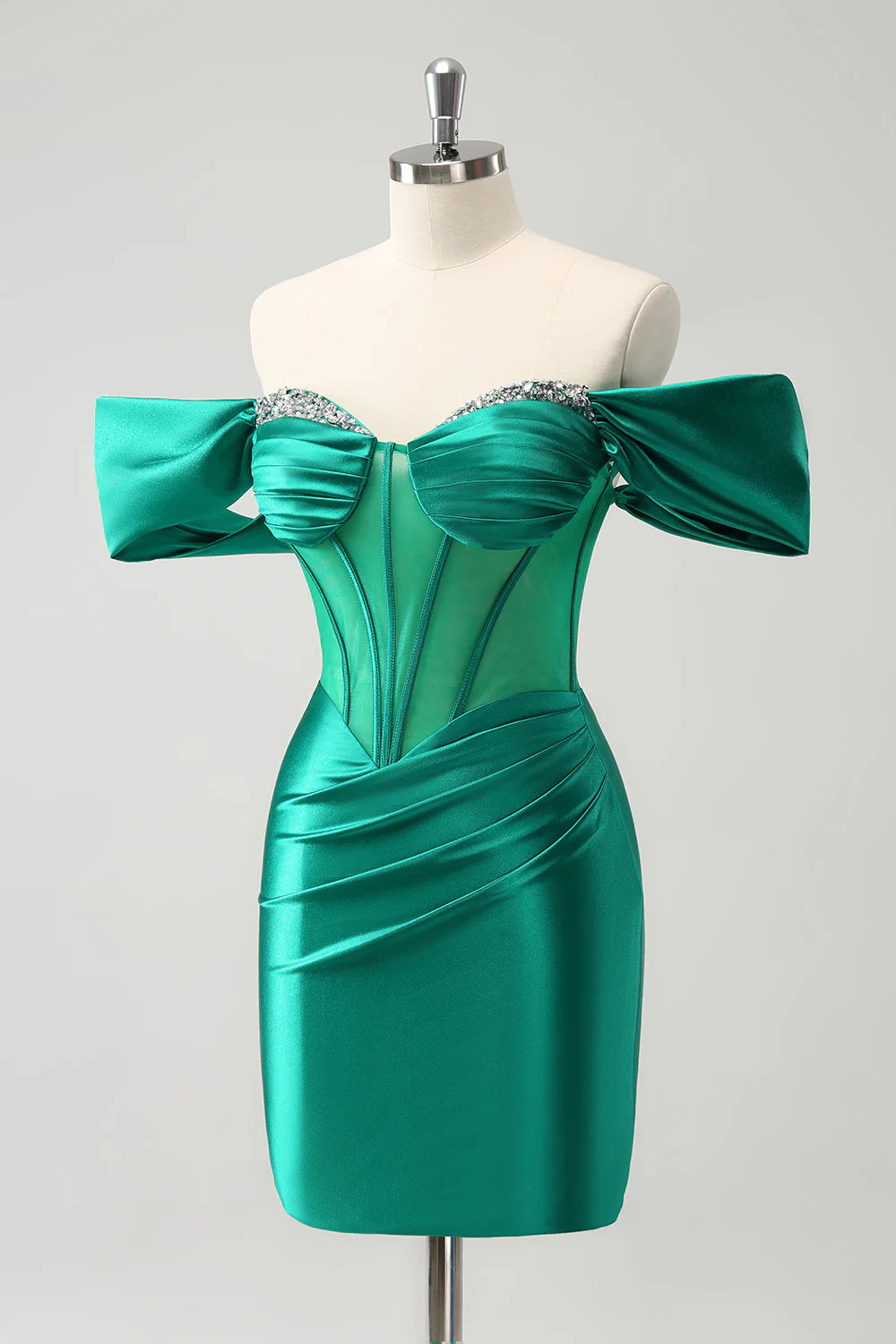 Amzcw Glitter Green Tight Off the shoulder Corset Homecoming Dress with Beading