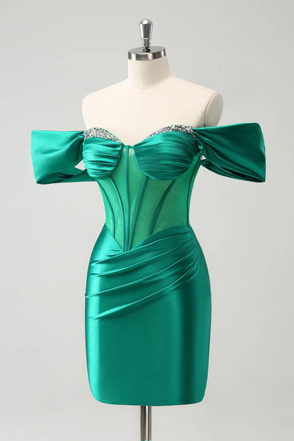 Amzcw Glitter Green Tight Off the shoulder Corset Homecoming Dress with Beading