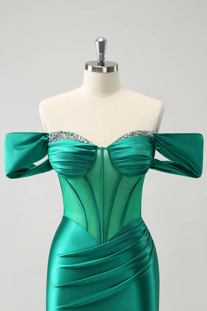 Amzcw Glitter Green Tight Off the shoulder Corset Homecoming Dress with Beading