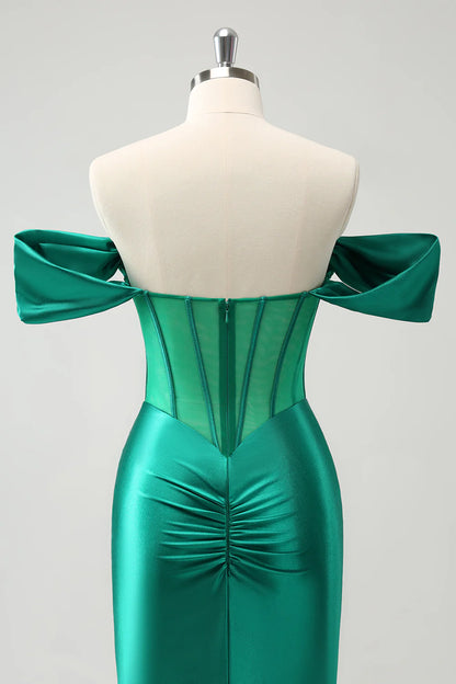 Amzcw Glitter Green Tight Off the shoulder Corset Homecoming Dress with Beading
