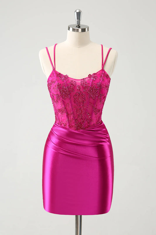 Amzcw Glitter Fuchsia Rushed Corset Short Tight Homecoming Dresses with Lace Up Back