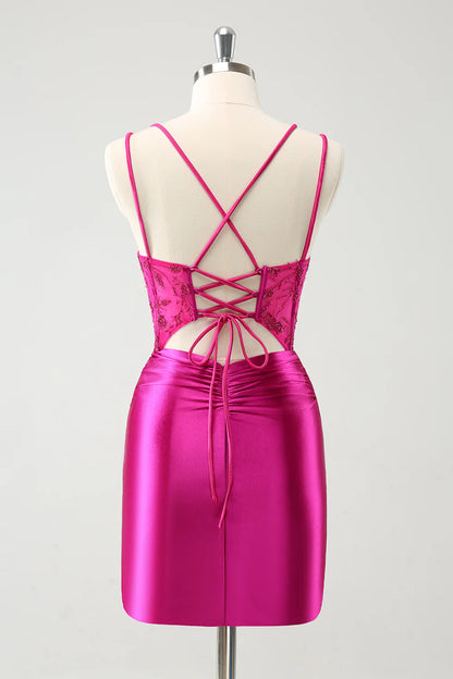 Amzcw Glitter Fuchsia Rushed Corset Short Tight Homecoming Dresses with Lace Up Back