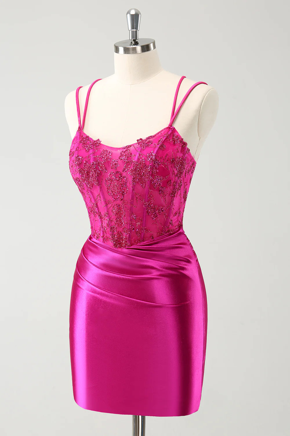 Amzcw Glitter Fuchsia Rushed Corset Short Tight Homecoming Dresses with Lace Up Back