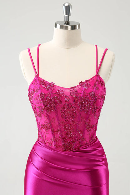 Amzcw Glitter Fuchsia Rushed Corset Short Tight Homecoming Dresses with Lace Up Back