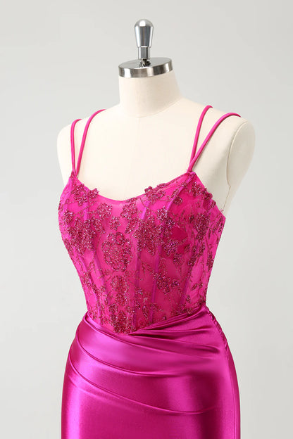 Amzcw Glitter Fuchsia Rushed Corset Short Tight Homecoming Dresses with Lace Up Back