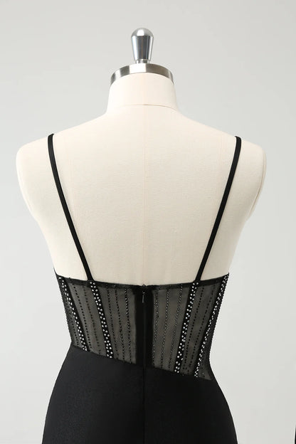 Amzcw Glitter Black Tight Short Spaghetti Straps Corset Homecoming Dresses