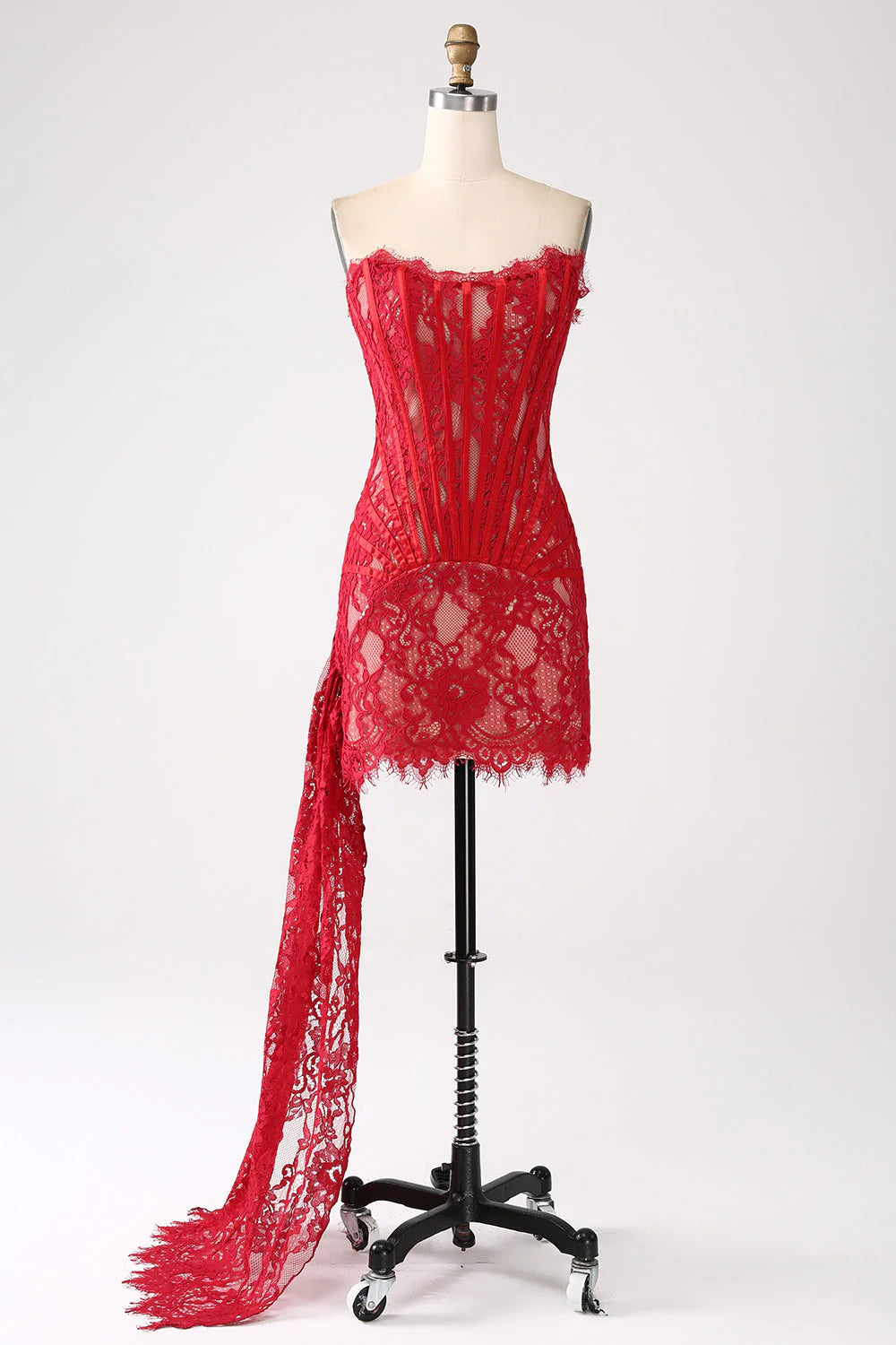 Amzcw Classy Red Lace Strapless Corset Short Cocktail Dress with Lace-up Back