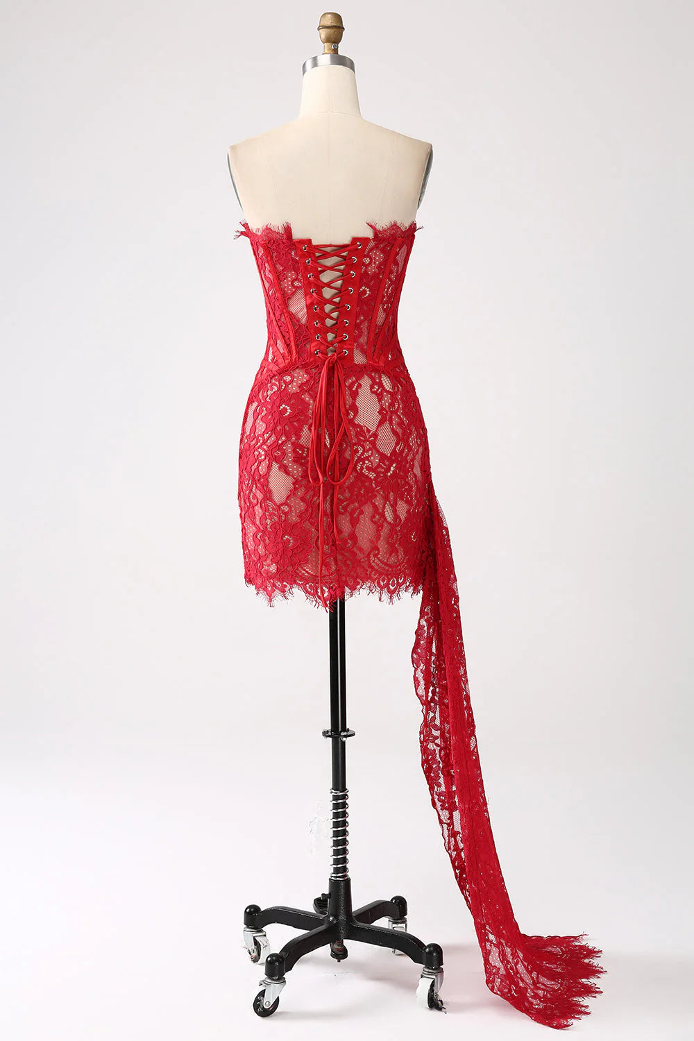 Amzcw Classy Red Lace Strapless Corset Short Cocktail Dress with Lace-up Back