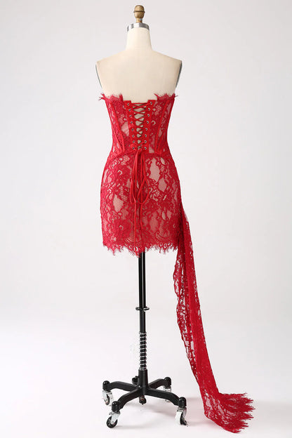 Amzcw Classy Red Lace Strapless Corset Short Cocktail Dress with Lace-up Back