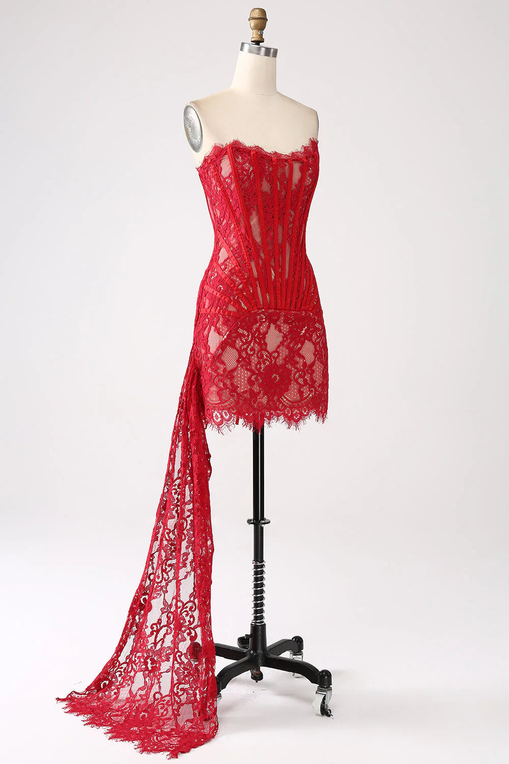 Amzcw Classy Red Lace Strapless Corset Short Cocktail Dress with Lace-up Back
