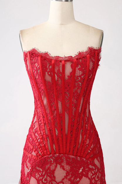 Amzcw Classy Red Lace Strapless Corset Short Cocktail Dress with Lace-up Back