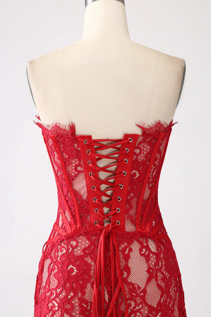 Amzcw Classy Red Lace Strapless Corset Short Cocktail Dress with Lace-up Back