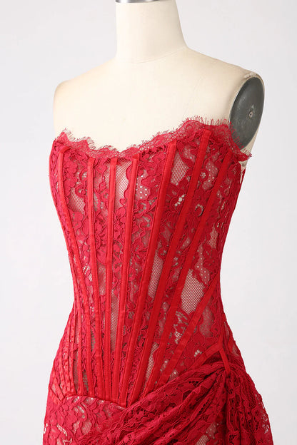 Amzcw Classy Red Lace Strapless Corset Short Cocktail Dress with Lace-up Back