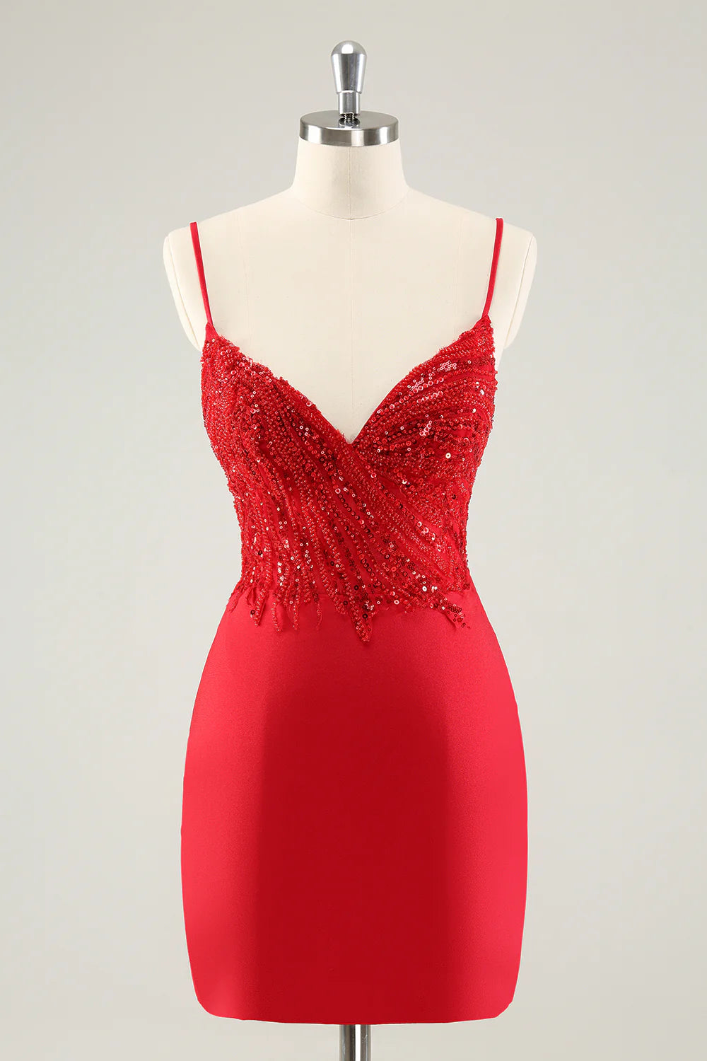 Amzcw Gorgeous Red Bodycon Spaghetti Straps Short Homecoming Dress with Sequins