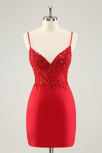 Amzcw Gorgeous Red Bodycon Spaghetti Straps Short Homecoming Dress with Sequins