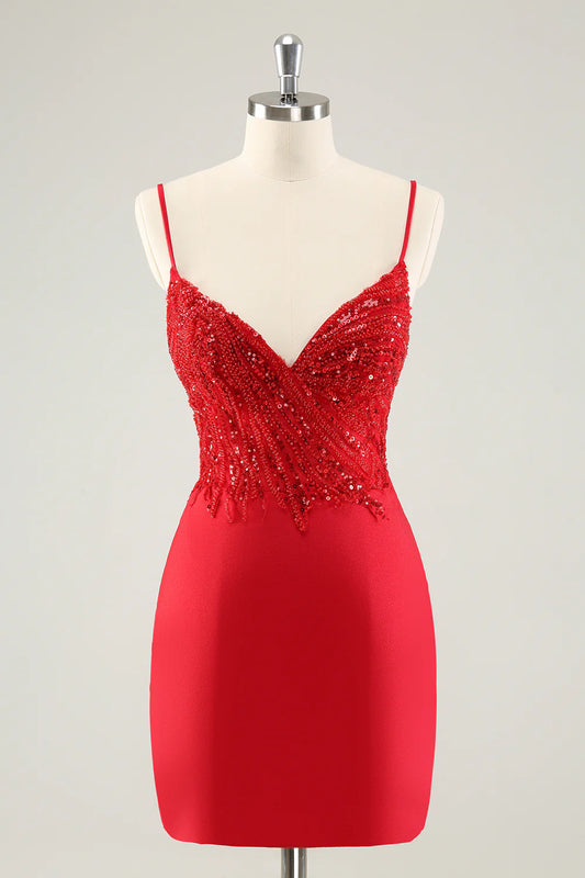Amzcw Gorgeous Red Bodycon Spaghetti Straps Short Homecoming Dress with Sequins