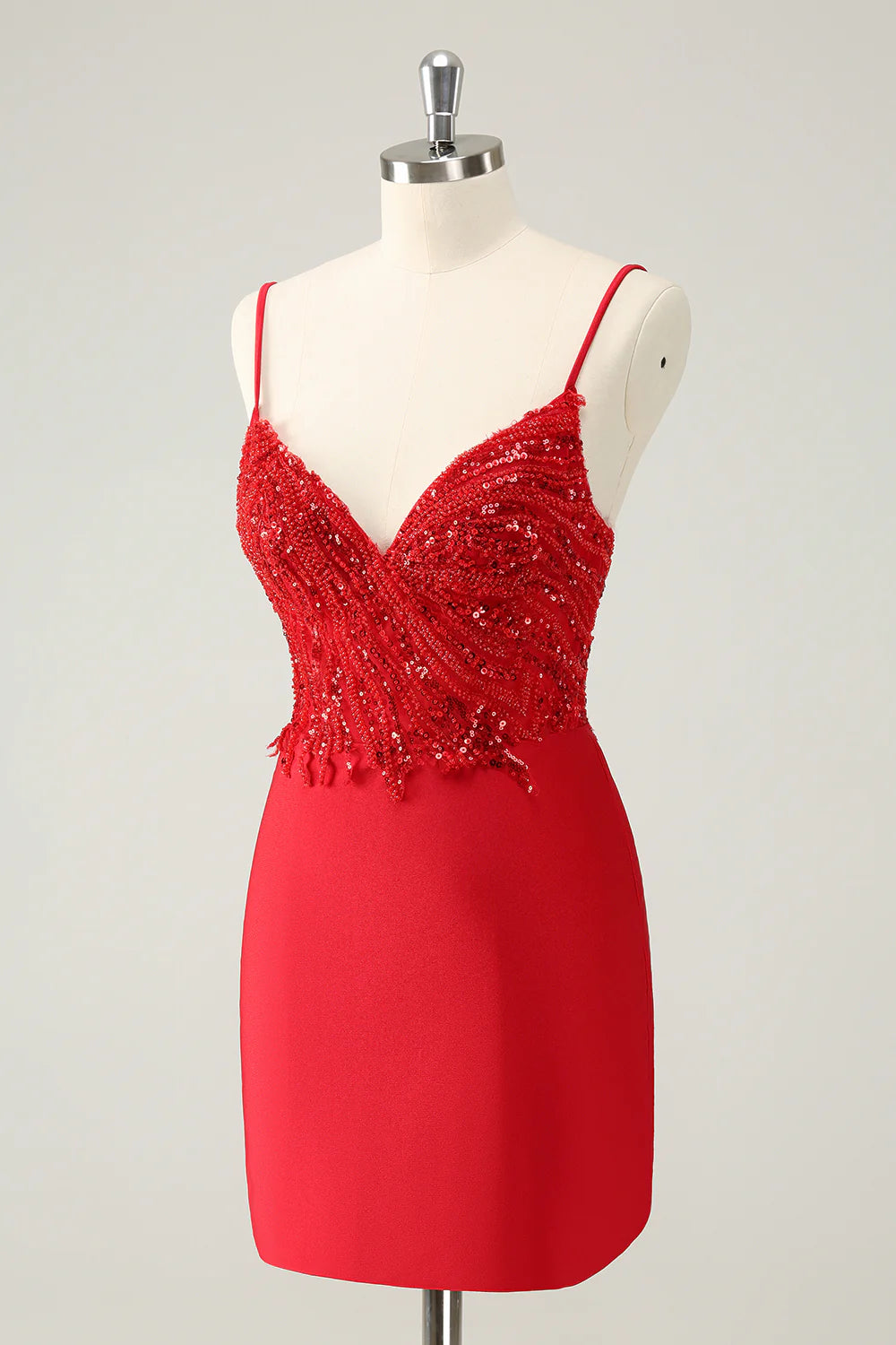 Amzcw Gorgeous Red Bodycon Spaghetti Straps Short Homecoming Dress with Sequins
