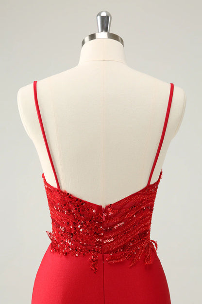 Amzcw Gorgeous Red Bodycon Spaghetti Straps Short Homecoming Dress with Sequins