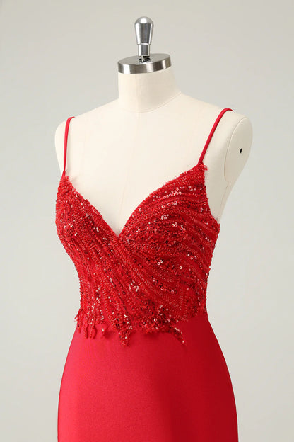 Amzcw Gorgeous Red Bodycon Spaghetti Straps Short Homecoming Dress with Sequins