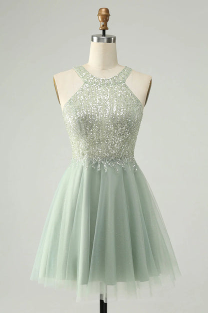 Amzcw Dusty Green A Line Halter Short Homecoming Dress with Sequins