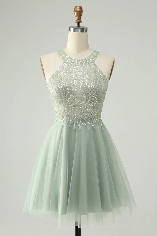 Amzcw Dusty Green A Line Halter Short Homecoming Dress with Sequins