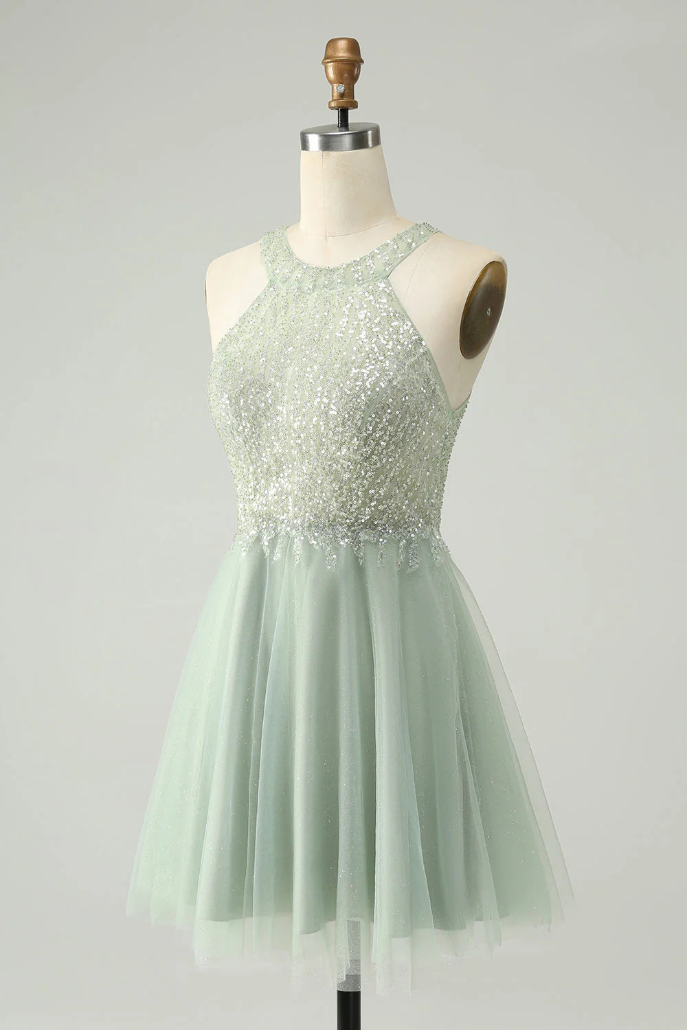 Amzcw Dusty Green A Line Halter Short Homecoming Dress with Sequins