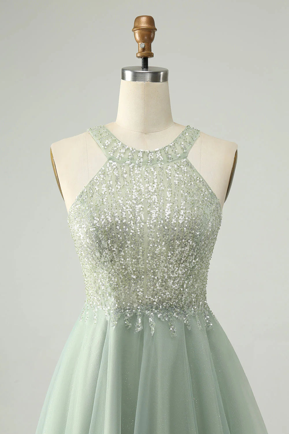 Amzcw Dusty Green A Line Halter Short Homecoming Dress with Sequins